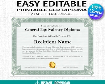 School Equivalency Diploma, Printable GED Diploma Template, High School Diploma, Editable Diploma Replica Template, Digital Download