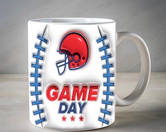 3D Game Day Inflated Mug Wrap Sublimation Design 11oz & 15oz, Puffy Design for American Football Fans Mug Template For Sublimation