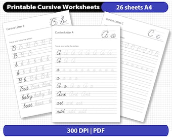 Hojas de trabajo de cursiva imprimibles: 26 páginas / Para niños de secundaria y mayores + adultos / *Solo archivo PDF*