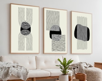 Boho Art Prints, Black and White Abstract Geometric Poster, Digital Art Print, Boho Wall Set, Wall Art Prints, Mid Century Modern, Wall Art