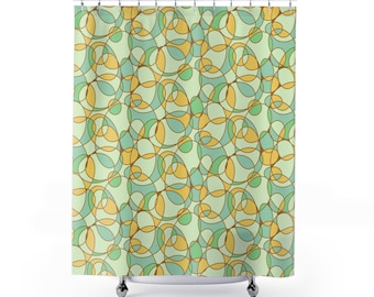 Bauhaus-inspired shower curtain featuring a geometric pattern of overlapping circles and lines in muted pastel tones.