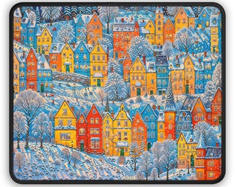 Colorful winter village gaming mouse pad, featuring snow-covered homes, cozy charm, and festive holiday vibes for your desk.