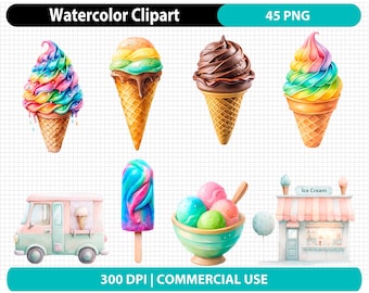 Ice Cream Birthday PNG Clipart | 45 Ice Cream Watercolor Clipart PNG Digital Download | Pastel Ice Cream Cone Bowl Ice Cream Truck Clipart