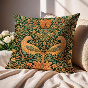 Spun Polyester Square Pillow with intricate bird design in William Morris style, perfect for vintage-inspired home decor lovers
