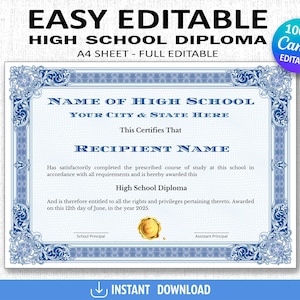 High School Diploma, Home School Diploma, Editable Template, Printable Certificate, Diploma with Seal, Replica Diploma, Canva Template