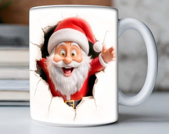 3D Santa mug wrap design for 11oz & 15oz, holiday drinkware, sublimation template, instant PNG download, winter coffee cup wrap.