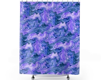 Shower Curtains. Shower curtain with an abstract wavy pattern in purple-blue shades, marble effect.