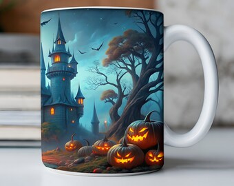 Envoltura de taza de casa encantada de paisaje de Halloween 3D, envoltura de taza de agujero agrietado de Halloween 3D, envoltura de taza de 11 oz 15 oz, sublimación de taza floral 3D