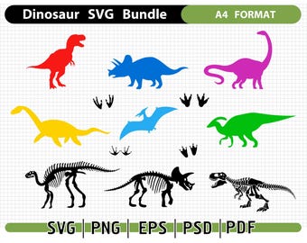 Clipart set featuring dinosaurs, their skeletons, footprints, and other prehistoric animals and birds, perfect for educational and projects.
