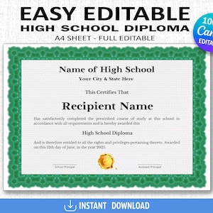 High School Diploma, Home School Diploma, Editable Template, Printable Certificate, Diploma with Seal, Replica Diploma, Canva Template