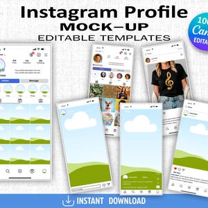 May include: Mockup of an Instagram profile page with a blue and green background. The profile page includes a profile picture, username, bio, post count, follower count, following count, highlights, and a grid of nine posts. The text "Instagram Profile Mock-Up Editable Templates" is at the top of the image. The text "100% Canva Editable" is in a circle at the top right of the image.