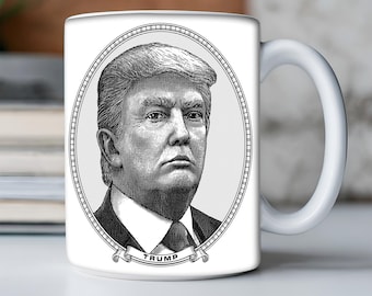 Detailed portrait Donald John Trump in a vintage etching style, perfect for a unique 15 and 11oz ceramic mug for collectors.