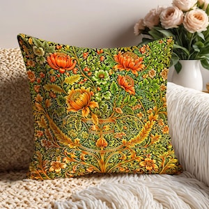 Spun Polyester Square Pillow. Golden floral pillow in Arts & Crafts style, inspired by William Morris, perfect for vintage decor lovers