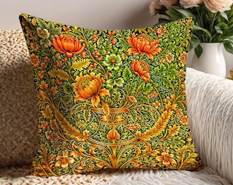 Spun Polyester Square Pillow. Golden floral pillow in Arts & Crafts style, inspired by William Morris, perfect for vintage decor lovers