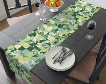 Table Runner (Cotton, Poly) Modern Bauhaus-style table runner featuring geometric green and cream patterns, perfect for minimalistic decor.