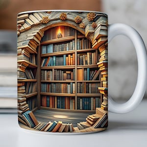 May include: White ceramic mug with a colorful image of a bookshelf filled with books. The bookshelf is surrounded by stacks of books, creating a whimsical, three-dimensional effect.