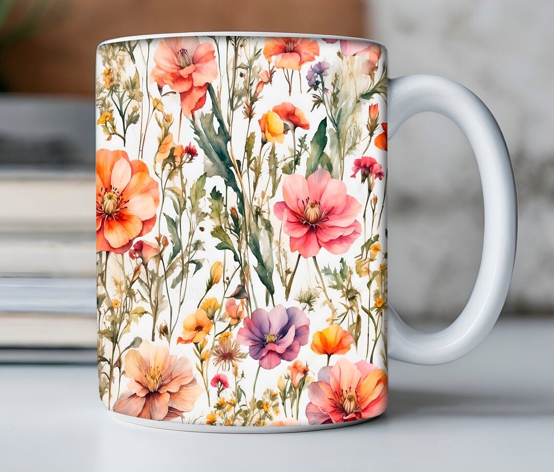 Pressed Flowers Mug, Boho Wildflowers Cottagecore Coffee Mug, Vintage ...