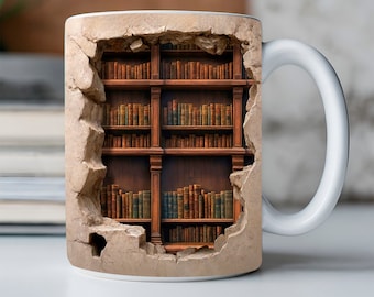 3D Bookshelf Mug Sublimation, 3D Book Mug Wrap, 11oz And 15 Oz Mug Design, 3D Mug Wrap, 11oz Mug Png, 15oz Mug PNG Book Lover Mug Coffee Mug