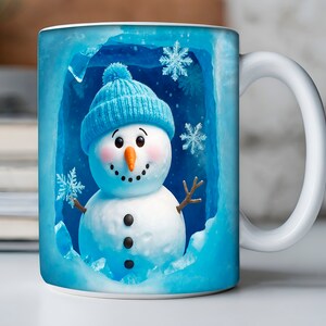 3D Snowman Hole In A Wall Mug Wrap Sublimation Design PNG Snowflakes 3D Snowman 11oz 15oz Mug Wrap Template 3D Christmas Mug Press Design