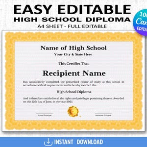 High School Diploma, Home School Diploma, Editable Template, Printable Certificate, Diploma with Seal, Replica Diploma, Canva Template