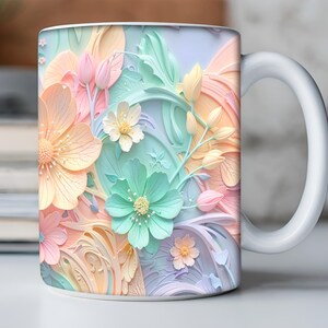 3D Pastel Flower Mug Wrap Template for 11oz & 15oz Mugs, Sublimation Design PNG, Instant Digital Download