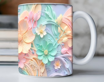3D Pastel Flower Mug Wrap Template for 11oz & 15oz Mugs, Sublimation Design PNG, Instant Digital Download