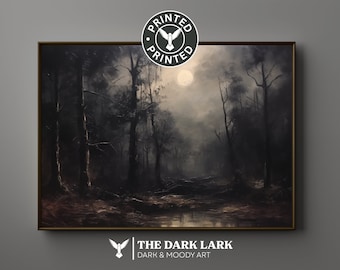 May include: A dark, moody painting depicting a forest scene with tall trees and a full moon in the sky. The forest is shrouded in mist, creating a sense of mystery and intrigue.