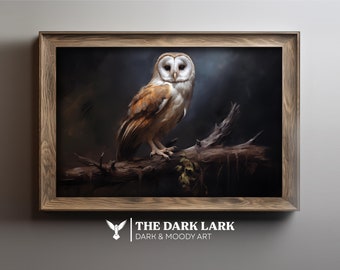 May include: A framed painting of a barn owl perched on a branch. The owl has white feathers with brown markings and large yellow eyes. The background is dark and moody, with a hint of blue.