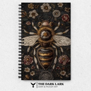 Dark Moody Bee Notebook Dark Academia Embroider Gothic Cottagecore Aesthetic Dotted Spiral Notebook Woodland Keepsake Notebook Familiar Gift