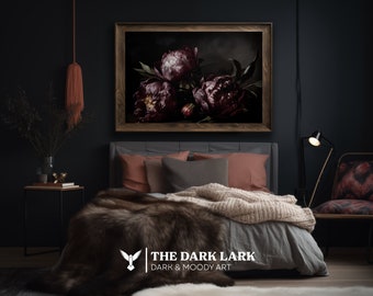 Moody Bedroom Dark Floral Art Print Moody Nursery Botanical Digital Download Dark Floral Peony Wall Art Moody Maximalist Flower Wall Decor