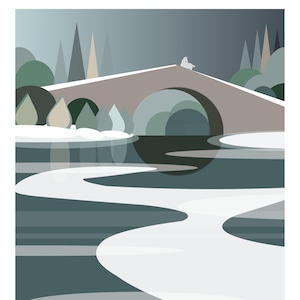 May include: A minimalist illustration of a bridge over a river, with a snowy landscape. The artwork features a muted color palette of greens, grays, and whites. The text "Brig o'Doon" is at the bottom.