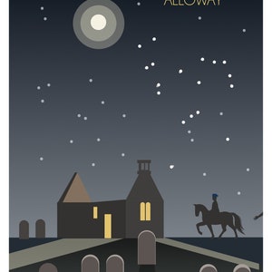 May include: A black and white illustration of a church with a graveyard in front of it. A rider on horseback is in the foreground. The text "AULD KIRK ALLOWAY" is at the top of the image.