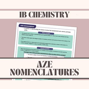 May include: A close-up of a worksheet with the title "IB Chemistry" and a section titled "AZE nomenclature". The worksheet explains the concepts of atomic number, mass number, and relative atomic mass. An example is provided to illustrate how to determine the number of protons and electrons in an atom of iron.