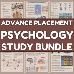 May include: A colorful study guide bundle for Advanced Placement Psychology. The bundle includes illustrations of social interaction, brain anatomy, and animal communication.