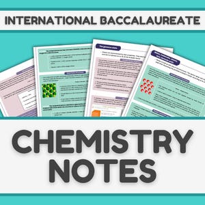 Op de afbeelding: Een set kleurrijke, afdrukbare scheikunde-notities voor het International Baccalaureate (IB)-programma. De notities behandelen onderwerpen als de gasvormige toestand, eenvoudige atoomstructuren en gigantische ionenstructuren.