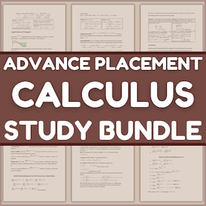 Op de afbeelding: Een studiepakket voor Advanced Placement Calculus. Het pakket bevat verschillende pagina's met aantekeningen en oefenopgaven. De titel "Advance Placement Calculus Study Bundle" staat in grote witte letters op een bruine achtergrond.
