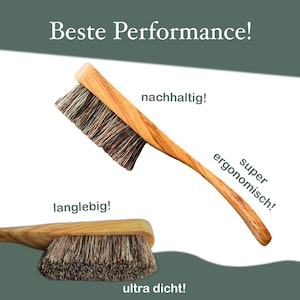 Könnte beinhalten: Holzbürste mit gebogenem Griff und dichten Borsten. Die Bürste ist hellbraun mit dunkelbraunen Borsten. Der Text "Beste Performance!" steht oben. Zusätzlicher Text umfasst "nachhaltig!", "super ergonomisch!", "langlebig!" und "ultra dicht!"