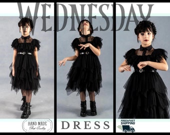 Déguisement du mercredi, robe d'Halloween du mercredi, déguisement du mercredi en tulle noir, Wednesday Adams, Jenna Ortega, pour 6-8-10-12 ans fille