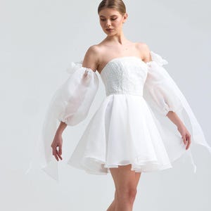Puff Sleeves Short Wedding Dress: Organza Elopement Gown