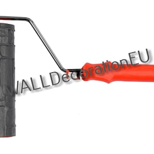 May include: A gray textured roller with a red handle. The roller is designed to create a brick pattern on walls. The handle has the text "WALLDecorationEU" on it.