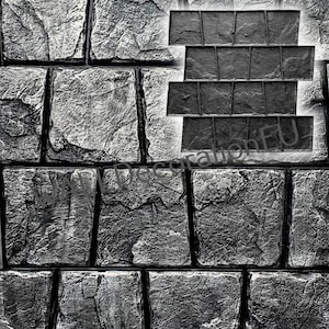 May include: A black and white textured concrete stamp with a pattern of rectangular stones. The stamp is used to create a realistic stone wall effect on concrete surfaces.