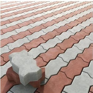 Pode incluir: Um padrão de pavimentos intertravados dispostos em filas alternadas de cinza claro e vermelho terracota. As pedras apresentam uma forma distinta em ziguezague, criando uma textura de superfície contínua. Uma pedra cinza repousa no topo.