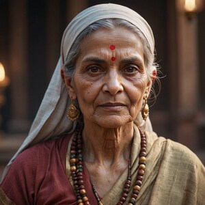 May include: An elderly woman with gray hair and a red dot on her forehead wears a white headscarf and a brown and gold beaded necklace.