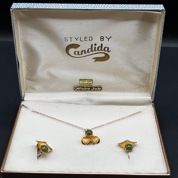 Vintage Gold-Filled Jade Necklace and Screw Back Earrings Set by Candida