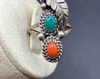 Vintage Navajo Sterling Silver Ring with Turquoise and Coral by Artist J. Cowboy
