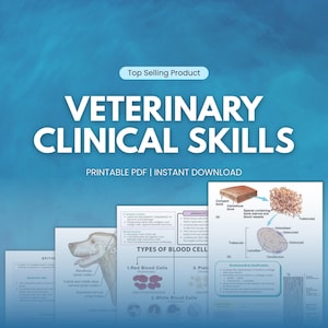 Op de afbeelding: Een digitale download met de titel "VETERINARY CLINICAL SKILLS" met diagrammen van bloedcellen, botstructuur en de anatomie van een hond. De tekst bevat "PRINTABLE PDF | INSTANT DOWNLOAD" en "Top Selling Product".