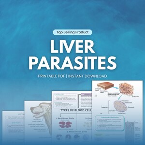 May include: A digital educational product titled "LIVER PARASITES" with diagrams and text. The product includes illustrations of blood cells, bone structure, and a dog's anatomy. The text indicates it is a printable PDF available for instant download.