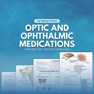 May include: A digital illustration titled "OPTIC AND OPHTHALMIC MEDICATIONS" with the text "PRINTABLE PDF | INSTANT DOWNLOAD." The image includes diagrams of blood cells, bone structure, and a dog's anatomy, suitable for educational purposes.