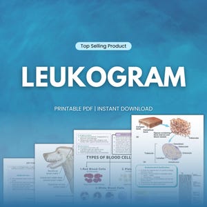 Puede incluir: Un fondo azul con la palabra LEUKOGRAM en letras blancas grandes. Debajo, el texto dice "PDF IMPRIMIBLE | DESCARGA INSTANTÁNEA". Varios diagramas de células sanguíneas y estructura ósea son visibles.