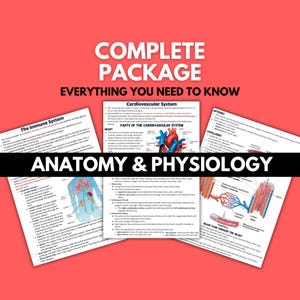 May include: A complete package of anatomy and physiology study guides. The image features several pages with detailed diagrams and text about the cardiovascular and immune systems. The text "COMPLETE PACKAGE" and "ANATOMY & PHYSIOLOGY" are visible.